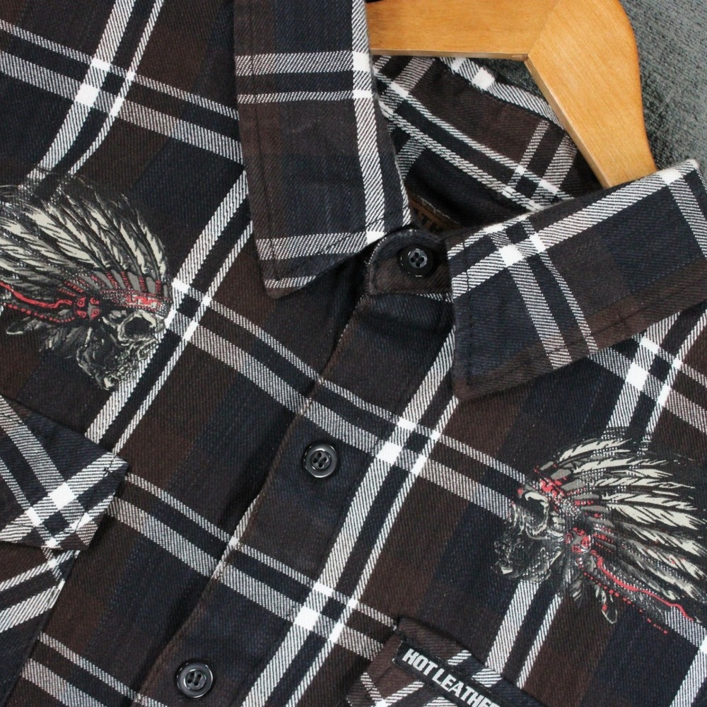 Hot Leathers Men XXL Brown Plaid Flannel Headdress Skull Biker Shirt 100% Cotton